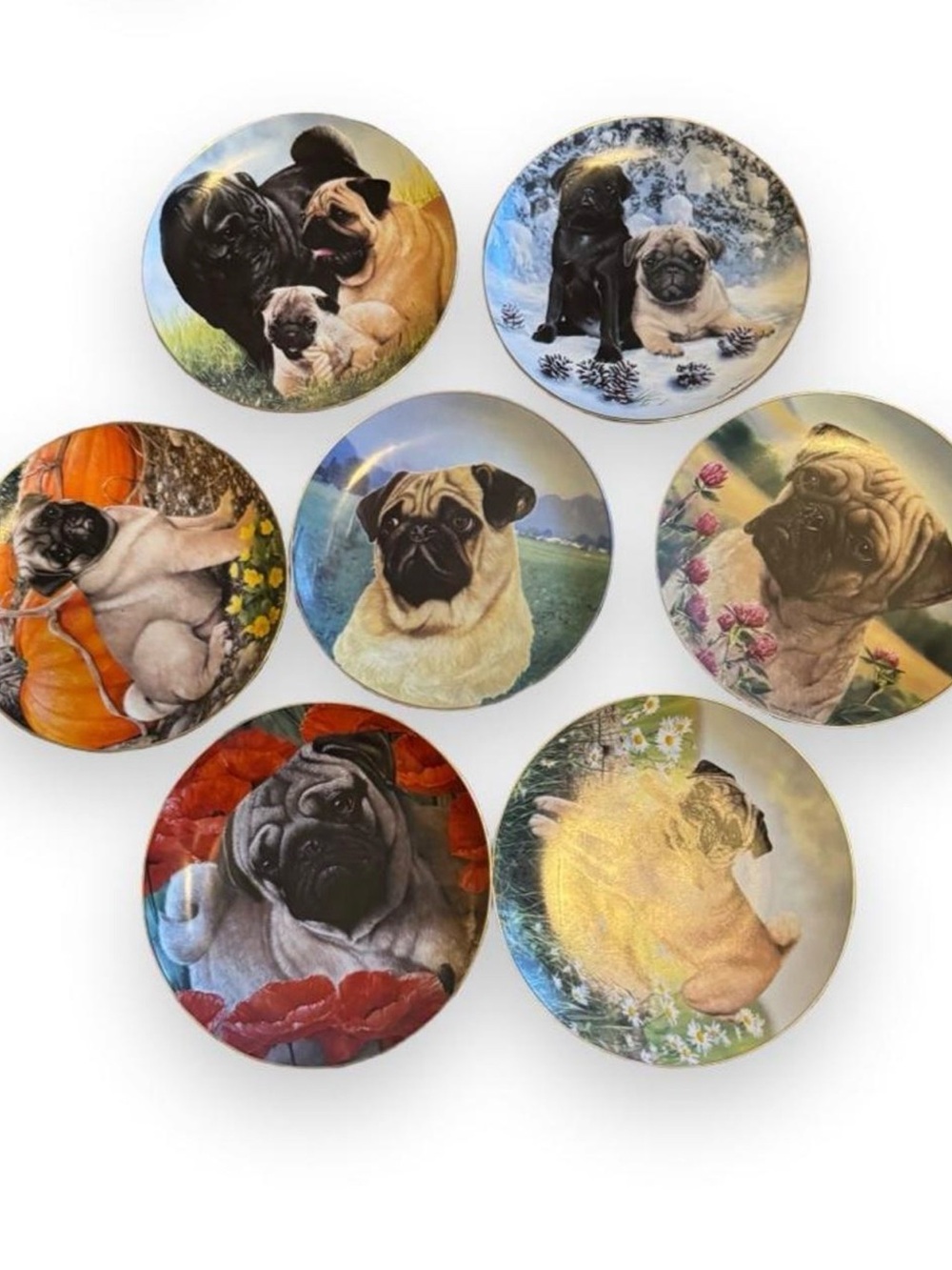 Danbury Mint Pug collection plates Set of 7 - Assorted Black, Tan, Cream, Brown